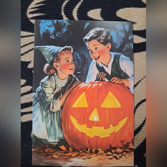 Vintage Styled Halloween Postcard- Boy & Girl With Pumpkin- 4" X 6" - Picture 1 of 4